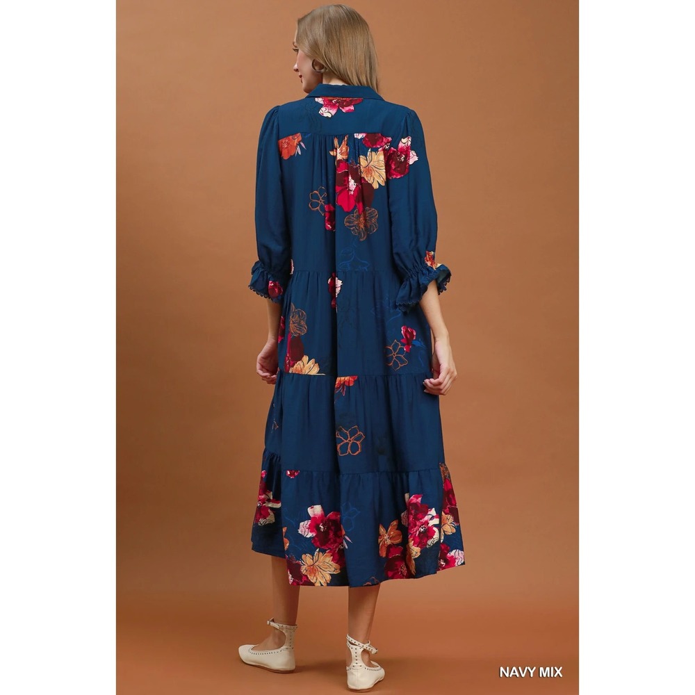 Umgee Floral Print Tiered Midi Dress with Puff Sleeves - Navy - Small - Picture 3 of 6